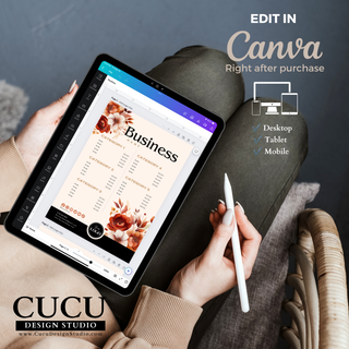Canva editing preview showing how to customize the business branding templates on desktop, tablet, or mobile. / Vista previa de edición en Canva mostrando cómo personalizar las plantillas de identidad de marca en computadora, tableta o móvil.
