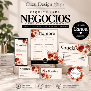 Paquete para negocios con plantillas editables en Canva para emprendedores y pequeños negocios. Incluye tarjeta de presentación, tarjeta de presentación digital para celular, lista de precios, tarjeta de agradecimiento y stickers redondos en diferentes tamaños. Diseño elegante en tonos crema, beige, terracota y flores en tonos naranja y rojo. Descarga instantánea, fácil de editar y diseño profesional listo para personalizar.