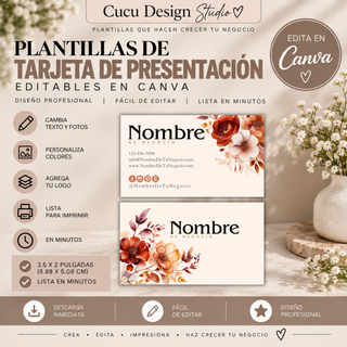 Plantillas de tarjeta de presentación editables en Canva para pequeños negocios y emprendedores. Se muestran dos diseños profesionales de tarjetas de 3.5 x 2 pulgadas, con espacio para nombre del negocio, información de contacto, redes sociales y logotipo. Diseño elegante con fondo crema y detalles florales en tonos terracota, naranja y blanco. Personaliza texto, fotografías, colores y logotipo y ten tu tarjeta lista en minutos.