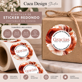 Plantilla de stickers redondos editables en Canva para personalizar empaques, productos y pedidos de pequeños negocios. Incluye tamaños de 2 x 2, 3 x 3 y 4 x 4 pulgadas, con ejemplos de stickers de agradecimiento colocados sobre cajas y rollos de etiquetas. Diseño floral elegante en tonos crema, blanco, terracota, naranja y rojo. Ideal para imprimir y agregar el nombre, logotipo o mensaje de agradecimiento de tu negocio.