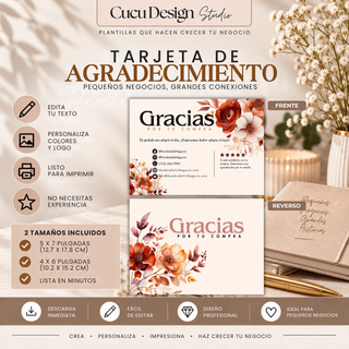 Plantilla de tarjeta de agradecimiento editable en Canva para pequeños negocios. Se muestran diseños de frente y reverso con el mensaje “Gracias por tu compra”, espacio para redes sociales, teléfono, sitio web, correo electrónico y una sección para solicitar una reseña. Incluye tamaños de 5 x 7 y 4 x 6 pulgadas. Diseño profesional con flores en tonos terracota, naranja, blanco y crema, fácil de personalizar e imprimir.