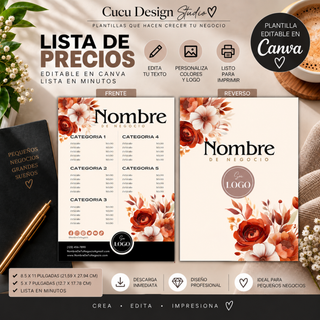 Plantilla de lista de precios editable en Canva para pequeños negocios y emprendedores. Se muestran el frente y reverso de una lista de precios con secciones para categorías, productos y precios, además de espacio para logotipo, información de contacto y redes sociales. Incluye tamaños de 8.5 x 11 y 5 x 7 pulgadas. Diseño profesional en tonos crema, negro, terracota y naranja con detalles florales, listo para personalizar e imprimir.