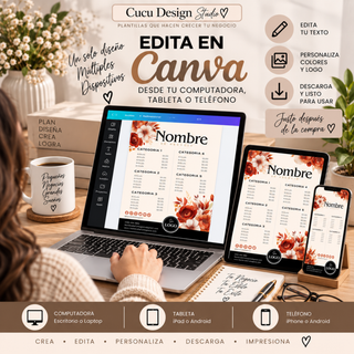 Plantillas editables en Canva que pueden personalizarse desde computadora, laptop, tableta o teléfono. La imagen muestra una lista de precios siendo editada en Canva desde diferentes dispositivos, con opciones para cambiar texto, colores, logotipo y otros elementos. El paquete está diseñado para facilitar la creación de materiales profesionales para pequeños negocios, con descarga inmediata y sin necesidad de experiencia previa en diseño.