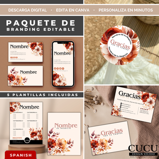 Paquete de branding editable en Canva con diseño floral en tonos terracota y beige. Incluye tarjeta de presentación, tarjeta digital para celular, sticker redondo, tarjeta de agradecimiento y lista de precios para pequeños negocios. / Editable Canva branding bundle with floral design in terracotta and beige tones. Includes business card, mobile business card, round sticker, thank you card, and price list for small businesses.