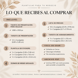 Información detallada de lo que incluye el paquete de plantillas para pequeños negocios. Incluye tarjeta de presentación para celular de 1080 x 1920 píxeles, tarjeta de presentación de 3.5 x 2 pulgadas, stickers de 2 x 2, 3 x 3 y 4 x 4 pulgadas, íconos de redes sociales, lista de precios de 8.5 x 11 y 5 x 7 pulgadas y tarjetas de agradecimiento de 5 x 7 y 4 x 6 pulgadas. Todas las plantillas son editables en Canva e incluyen un archivo PDF con instrucciones y acceso a las plantillas.