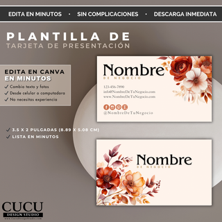 Plantilla de tarjeta de presentación editable en Canva con flores acuarela color terracota y beige. Diseño elegante y minimalista ideal para negocios femeninos y emprendedoras. / Editable Canva business card template with terracotta and beige watercolor flowers. Elegant and minimalist design perfect for feminine businesses and entrepreneurs.