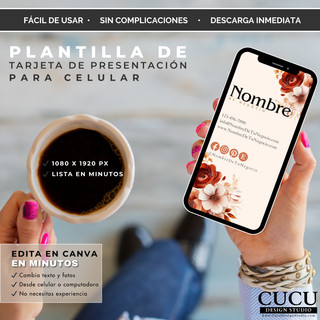 Plantilla de tarjeta digital para celular editable en Canva con diseño floral moderno en tonos tierra. Ideal para compartir tu negocio por WhatsApp o redes sociales. / Editable Canva mobile business card template with modern floral earth-tone design. Perfect for sharing your business through WhatsApp or social media.