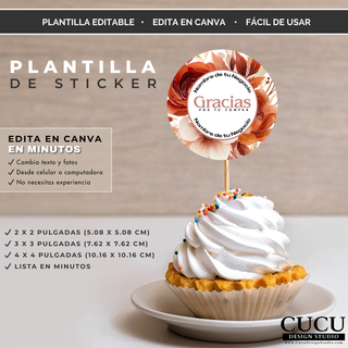 Plantilla de sticker redondo editable en Canva con flores terracota y mensaje “Gracias por tu compra”. Perfecto para empaques, repostería y pequeños negocios. / Editable Canva round sticker template with terracotta flowers and “Thank you for your purchase” message. Perfect for packaging, bakeries, and small businesses.