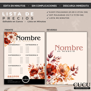 Lista de precios editable en Canva con diseño floral elegante en tonos cálidos. Incluye frente y reverso para mostrar productos, servicios y redes sociales. / Editable Canva price list with elegant floral design in warm tones. Includes front and back layout for displaying products, services, and social media.