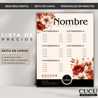 Plantilla de lista de precios editable en Canva con flores terracota y diseño minimalista profesional para salones, boutiques y pequeños negocios. / Editable Canva price list template with terracotta flowers and professional minimalist layout for salons, boutiques, and small businesses.