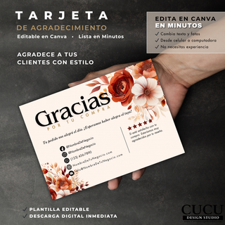 Tarjeta de agradecimiento editable en Canva con flores acuarela y diseño elegante. Perfecta para agradecer a clientes después de una compra. / Editable Canva thank you card with watercolor flowers and elegant design. Perfect for thanking customers after a purchase.