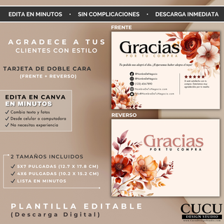 Tarjeta de agradecimiento de doble cara editable en Canva con diseño floral moderno y tonos beige y terracota. Incluye espacio para redes sociales y mensaje personalizado. / Double-sided editable Canva thank you card with modern floral design in beige and terracotta tones. Includes space for social media and personalized message.