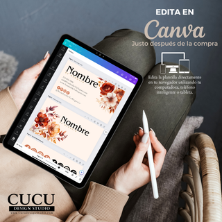 Vista previa de plantillas editables en Canva en tablet. Muestra cómo personalizar tarjetas y diseños fácilmente desde computadora, celular o tablet. / Preview of editable Canva templates on a tablet. Shows how to customize cards and designs easily from computer, phone, or tablet.