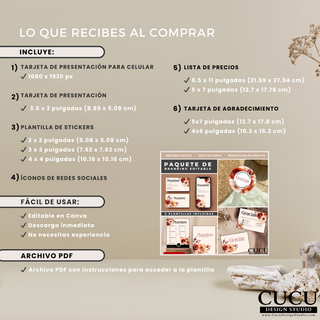 Imagen informativa mostrando todo lo incluido en el paquete de branding editable en Canva. Incluye tarjeta digital, tarjeta de presentación, stickers, lista de precios y tarjeta de agradecimiento. / Informational image showing everything included in the editable Canva branding bundle. Includes digital business card, business card, stickers, price list, and thank you card.