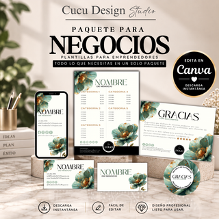 Paquete para negocios de Cucu Design Studio con plantillas editables en Canva para emprendedores. Incluye tarjeta de presentación para celular, tarjeta de presentación, lista de precios, tarjetas de agradecimiento y stickers personalizados. Diseño elegante en tonos crema, verde salvia y detalles dorados con flores decorativas. El paquete ofrece descarga instantánea, edición fácil en Canva y diseños profesionales listos para personalizar y utilizar en un negocio.