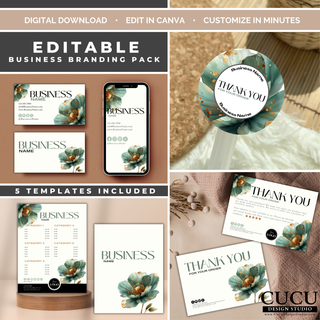 Editable business branding pack Canva template featuring sage green floral business cards, stickers, thank you cards, and price list templates. / Paquete de identidad de marca editable en Canva con tarjetas de presentación, etiquetas, tarjetas de agradecimiento y listas de precios con flores verde salvia.