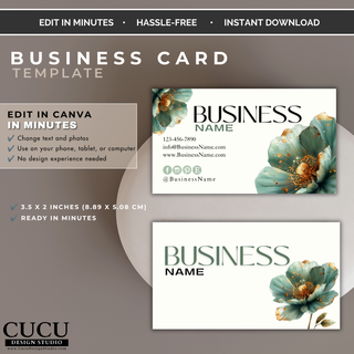 Elegant floral business card Canva template with front and back design featuring sage green flowers and gold accents. / Plantilla elegante de tarjeta de presentación en Canva con diseño frontal y posterior, flores verde salvia y detalles dorados.