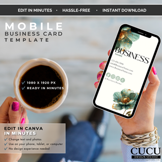 Mobile business card Canva template optimized for smartphones with customizable branding and contact details. / Plantilla de tarjeta de presentación móvil para Canva optimizada para teléfonos inteligentes con marca e información personalizable.
