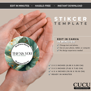 Round thank you sticker Canva template with sage green floral artwork for packaging and small business branding. / Plantilla de etiqueta redonda de agradecimiento en Canva con diseño floral verde salvia para empaques y negocios.