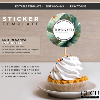 Editable thank you sticker template displayed as a cupcake topper featuring elegant floral branding. / Plantilla editable de etiqueta de agradecimiento utilizada como topper para cupcake con elegante diseño floral.