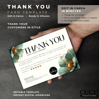 Thank you card Canva template with floral design and customizable customer appreciation message. / Plantilla de tarjeta de agradecimiento en Canva con diseño floral y mensaje personalizable para clientes.