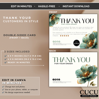 Double-sided thank you card Canva template showing front and back layouts with matching floral branding. / Plantilla de tarjeta de agradecimiento de doble cara en Canva mostrando diseños frontal y posterior con estilo floral coordinado.