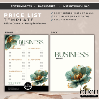 Editable price list Canva template featuring floral accents, customizable categories, and business information. / Plantilla editable de lista de precios en Canva con detalles florales, categorías personalizables e información comercial.