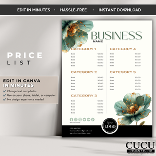 Professional floral price list template designed for boutiques, salons, and small businesses. / Plantilla profesional de lista de precios floral diseñada para boutiques, salones y pequeños negocios.