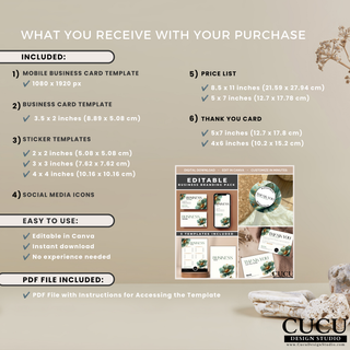 Overview image displaying everything included in the editable business branding pack Canva bundle. / Imagen de resumen mostrando todo lo incluido en el paquete editable de identidad de marca para Canva.