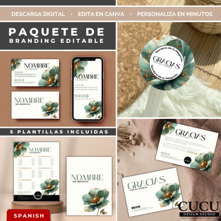 Collage de paquete de branding editable en Canva con diseño floral elegante en tonos verde salvia y dorado. Incluye tarjeta de presentación, tarjeta digital para celular, sticker redondo de agradecimiento, lista de precios y tarjeta de agradecimiento para negocios pequeños y emprendimientos femeninos. / Collage of an editable Canva branding bundle featuring an elegant floral design in sage green and gold tones. Includes a business card, mobile digital card, thank you sticker, price list, and ...