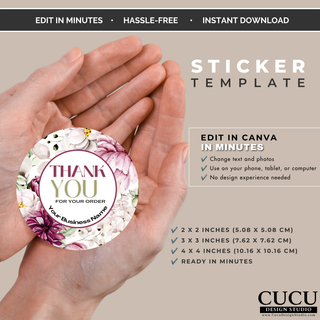 Round thank you sticker Canva template featuring pink watercolor flowers and customizable business name for packaging. / Plantilla de etiqueta redonda de agradecimiento en Canva con flores acuarela rosas y nombre comercial personalizable para empaques.