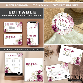 Pink floral business branding pack Canva template featuring business cards, mobile card, thank you sticker, thank you card, and price list templates. / Paquete de identidad de marca floral rosa para Canva con tarjetas de presentación, tarjeta móvil, etiqueta de agradecimiento, tarjeta de agradecimiento y lista de precios.