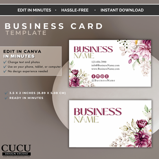 Editable floral business card Canva template with front and back designs featuring pink watercolor flowers and customizable business information. / Plantilla editable de tarjeta de presentación en Canva con diseños frontal y posterior, flores acuarela rosas e información comercial personalizable.