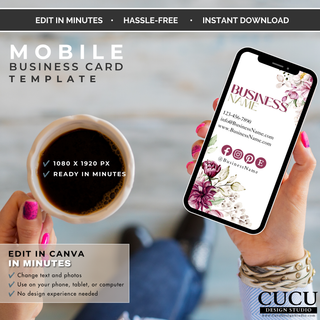 Mobile business card Canva template optimized for smartphones with matching pink floral branding and social media icons. / Plantilla de tarjeta de presentación móvil para Canva optimizada para teléfonos inteligentes con diseño floral rosa e iconos de redes sociales.