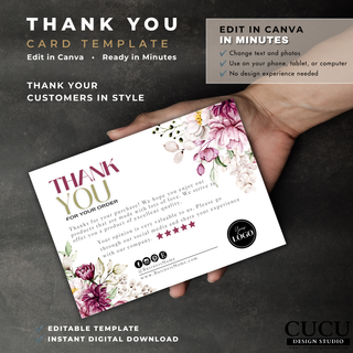 Thank you card Canva template with floral design, customer appreciation message, and customizable business details. / Plantilla de tarjeta de agradecimiento en Canva con diseño floral, mensaje de agradecimiento para clientes e información comercial personalizable.