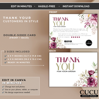 Double-sided thank you card Canva template showing front and back layouts with coordinated pink floral artwork. / Plantilla de tarjeta de agradecimiento de doble cara en Canva mostrando diseños frontal y posterior con ilustraciones florales rosas coordinadas.