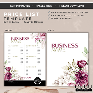 Editable floral price list Canva template displaying customizable service categories, pricing, and business information. / Plantilla editable de lista de precios floral en Canva con categorías de servicios, precios e información comercial personalizables.