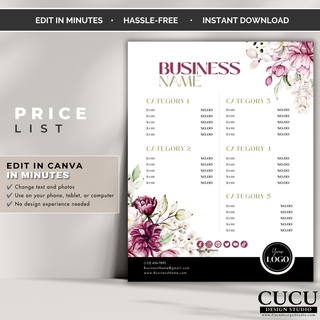Professional price list template with pink floral accents designed for boutiques, salons, beauty businesses, and small shops. / Plantilla profesional de lista de precios con detalles florales rosas diseñada para boutiques, salones, negocios de belleza y pequeñas tiendas.