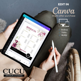 Canva editing preview displayed on a tablet showing how to customize the branding templates on desktop, tablet, and mobile devices. / Vista previa de edición en Canva mostrada en una tableta que enseña cómo personalizar las plantillas en computadora, tableta y dispositivos móviles.