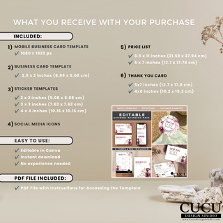 Complete overview image showing everything included in the floral business branding pack Canva template bundle. / Imagen de resumen completa mostrando todo lo incluido en el paquete de identidad de marca floral para Canva.