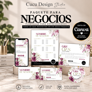 Paquete para negocios con plantillas editables en Canva para emprendedores y pequeños negocios. Incluye tarjeta de presentación, tarjeta de presentación digital para celular, stickers personalizados, tarjeta de agradecimiento y lista de precios. Diseño floral elegante en tonos crema, rosa, vino y dorado. Descarga instantánea, fácil de editar y listo para personalizar.