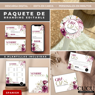 Paquete de branding editable en Canva con tarjeta de negocio, sticker y tarjeta de agradecimiento floral / Editable Canva branding bundle with business card, sticker and floral thank you card
