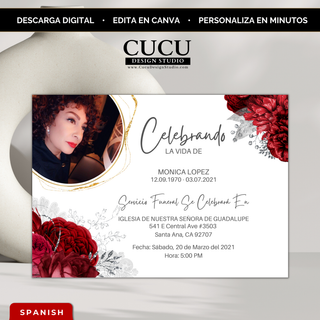 Invitación de funeral elegante en español con flores rojas y detalles dorados, plantilla editable en Canva con foto personalizada, diseño moderno y sofisticado para honrar la vida de un ser querido, descarga digital inmediata / Elegant Spanish funeral invitation with red flowers and gold accents, editable Canva template with custom photo, modern and sophisticated memorial design, instant digital download for honoring a loved one