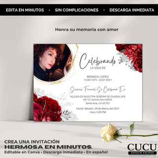 Plantilla de invitación de funeral con flores rojas presentada en maqueta realista con rosas blancas, diseño listo para editar en Canva, ideal para crear un homenaje hermoso y profesional en minutos, descarga instantánea / Funeral invitation template with red floral design shown in realistic mockup with white roses, easy to edit in Canva, perfect for creating a beautiful professional memorial in minutes, instant download