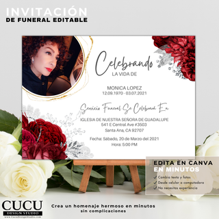 Invitación de funeral editable en Canva con diseño floral rojo y elegante, personaliza texto y fotos fácilmente desde celular o computadora, plantilla digital en español lista para descargar y usar al instante / Editable Canva funeral invitation with elegant red floral design, customize text and photos easily from phone or computer, Spanish digital template ready for instant download and use