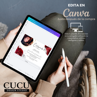 Edición de plantilla de invitación de funeral en Canva desde tablet, muestra cómo personalizar el diseño fácilmente en minutos, acceso inmediato después de la compra, compatible con celular, computadora y tablet / Editing funeral invitation template in Canva on tablet, showing easy customization in minutes, instant access after purchase, works on phone, computer, and tablet