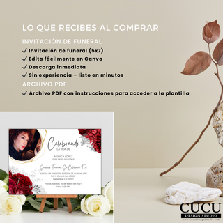 Lo que recibes al comprar plantilla de invitación de funeral digital, incluye archivo PDF con instrucciones y acceso a diseño editable en Canva, descarga inmediata sin envío físico, fácil de usar para principiantes / What you receive when purchasing digital funeral invitation template, includes PDF with instructions and Canva editable design access, instant download no physical item, beginner friendly
