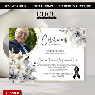 Invitación de funeral editable en Canva en español con flores grises elegantes, detalles dorados y foto circular, diseño horizontal 5x7 listo para descargar al instante / Editable Spanish funeral invitation Canva template with elegant grey flowers, gold accents and circular photo layout, horizontal 5x7 card, instant download, easy to personalize in minutes