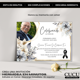 Plantilla de invitación funeral en español estilo elegante minimalista, flores grises y beige con tipografía delicada, editable en Canva y descarga inmediata, ideal para homenajes con amor / Elegant Spanish funeral invitation template with grey and beige floral design, minimalist style, editable in Canva, instant download, perfect for honoring loved ones beautifully