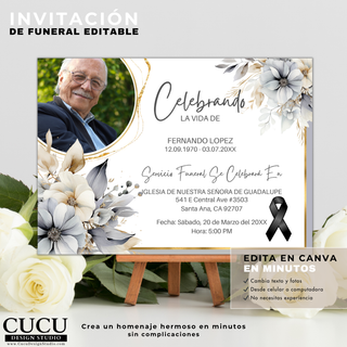 Invitación de funeral editable con diseño floral gris sofisticado y marco dorado, tarjeta 5x7 en español, personaliza texto y fotos fácilmente en Canva sin experiencia / Sophisticated grey floral funeral invitation with gold frame, Spanish 5x7 card template, easily customize text and photos in Canva, beginner-friendly, instant access